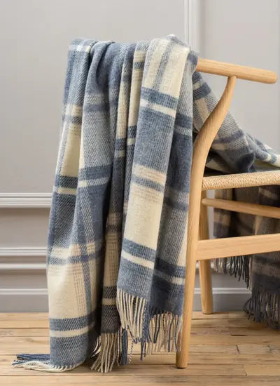 Blue Check Pure New Wool Throw